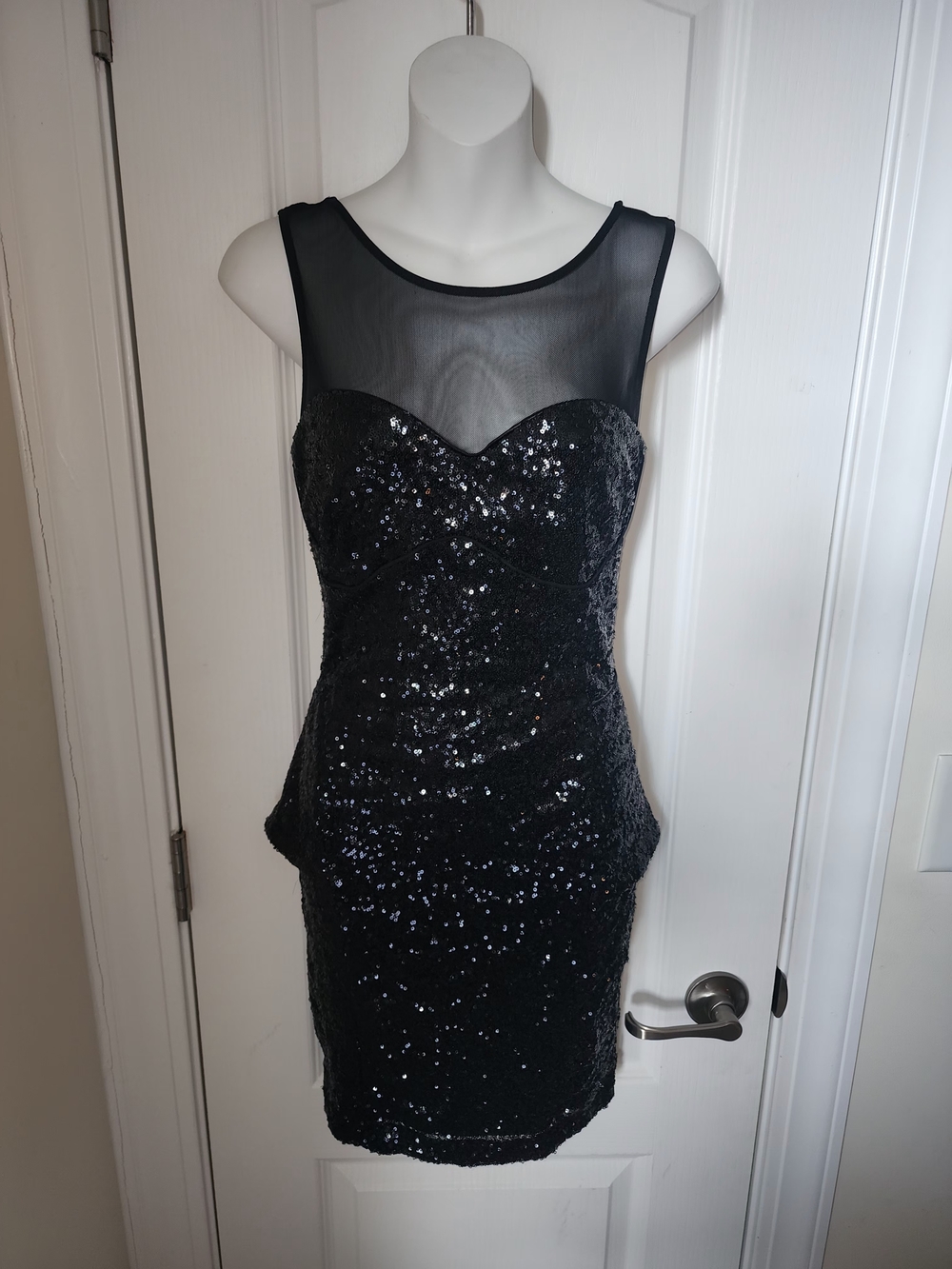 bebe Black Sequin Sheath Dress with Mesh Yoke